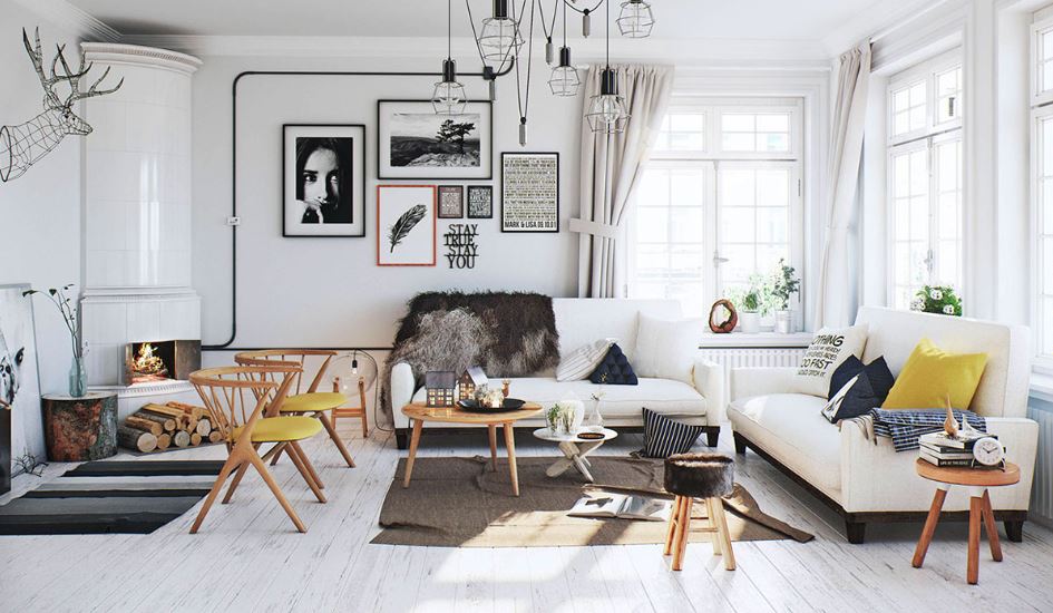 Скандинавский стиль: гостиная со светлым диваном