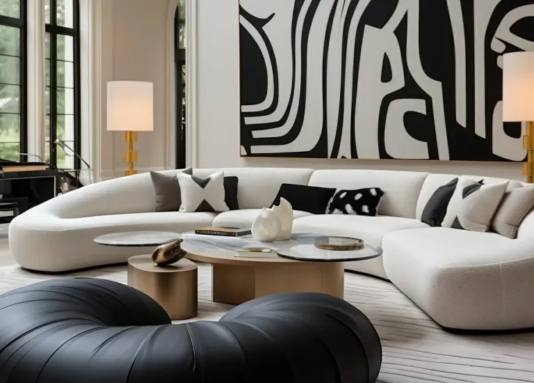 Черно-белая гостиная с изогнутой мебелью